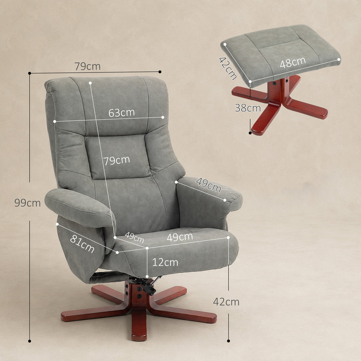 Grey recliner chair and footstool with dimensions marked