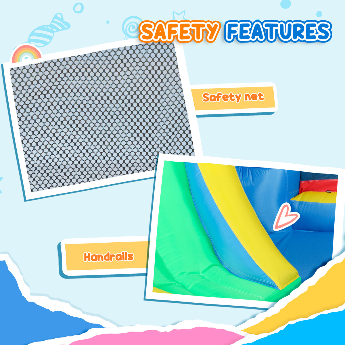 Close-ups of the bouncy castle safety net and slide handrails