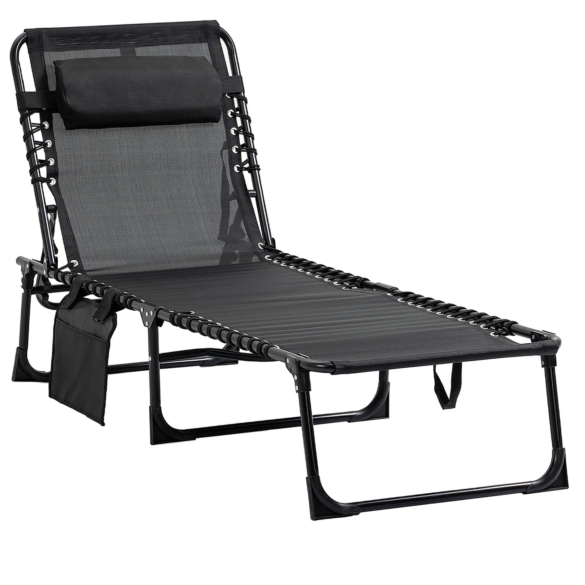 Photo of Outsunny Portable Sun Lounger, Folding Camping Bed Cot, Reclining Lounge Chair 5-position Adjustable Backrest with Side Pocket, Pillow for Patio Garden Beach Pool, Black in Black colour on a white background