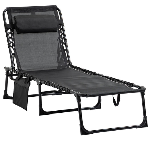Photo of Outsunny Portable Sun Lounger, Folding Camping Bed Cot, Reclining Lounge Chair 5-position Adjustable Backrest with Side Pocket, Pillow for Patio Garden Beach Pool, Black in Black colour on a white background