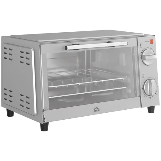 Photo of HOMCOM Mini Oven, 9L Countertop Electric Grill, Toaster Oven with Adjustable Temperature, Timer, Dishwasher Safe Baking Tray and Wire Rack, 750W, Silver in Silver colour on a white background