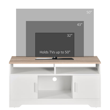 White TV stand with wood-look top, open shelves, two cabinets, and space for TVs up to 50 inches.