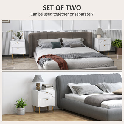 White two-drawer bedside table shown beside beds in two room settings
