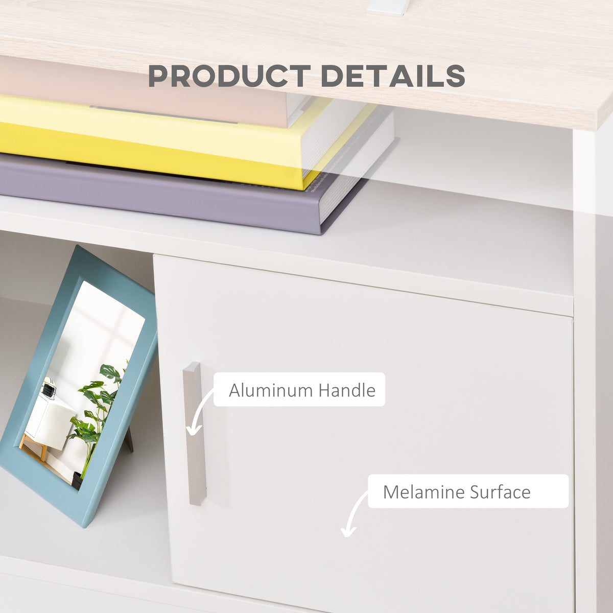 Close-up of white TV stand cabinet door with aluminum handle and melamine surface.