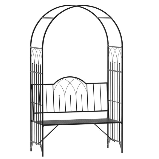 Photo of Outsunny Garden Metal Arch Bench Outdoor Patio Rose Trellis Arbour Pergola for Climbing Plant Antique Style 2-Seater Chair, Black in Black colour on a white background