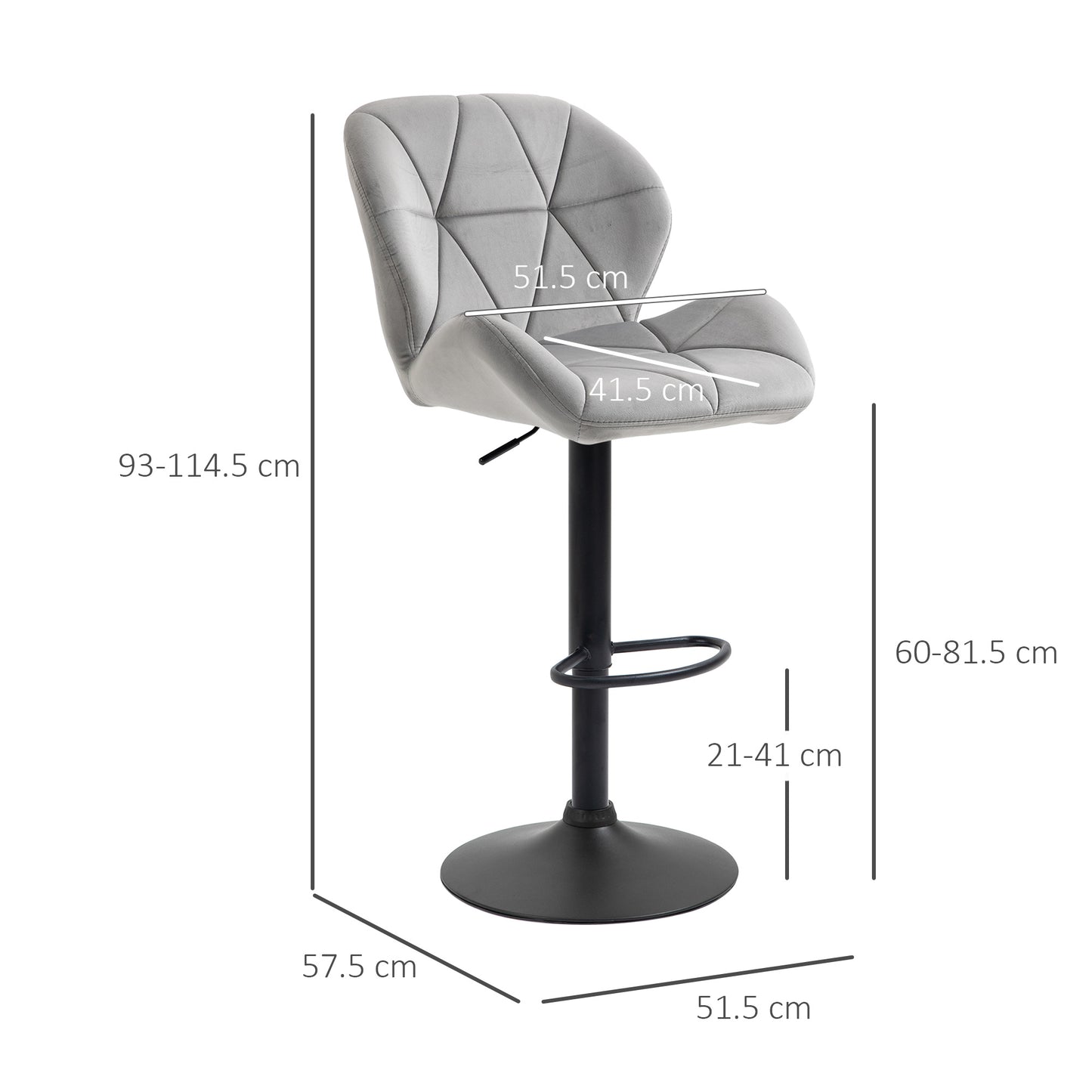 HOMCOM Bar Stools Set Of 2, Luxurious Velvet-Touch Barstools with Metal Frame Footrest Round Base Triangle Indenting Moulded Seat Adjustable Height Swivel Light Grey