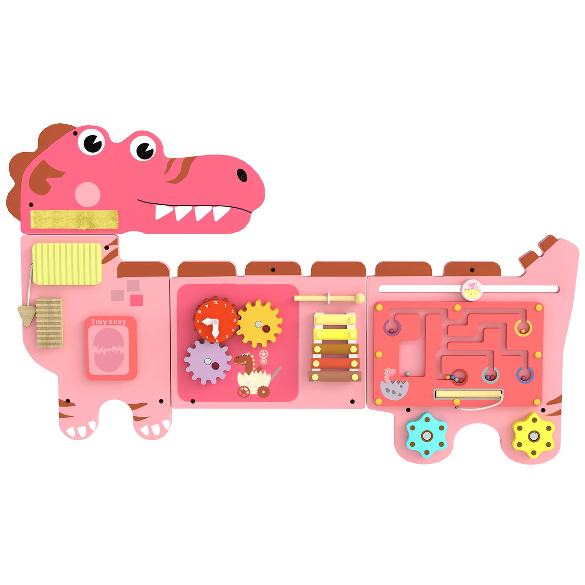 Photo of AIYAPLAY Busy Board Panels, Wall Mounted Montessori Inspired Busy Board, Toddler Learning Centre Dinosaur Theme, Pink in Pink colour on a white background