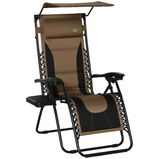 Photo of Outsunny Zero Gravity Lounger Chair, Folding Reclining Patio Chair with Shade Cover, Padded Seat, Cup Holder, Soft Cushion and Headrest for Poolside, Camping, Coffee in Coffee colour on a white background