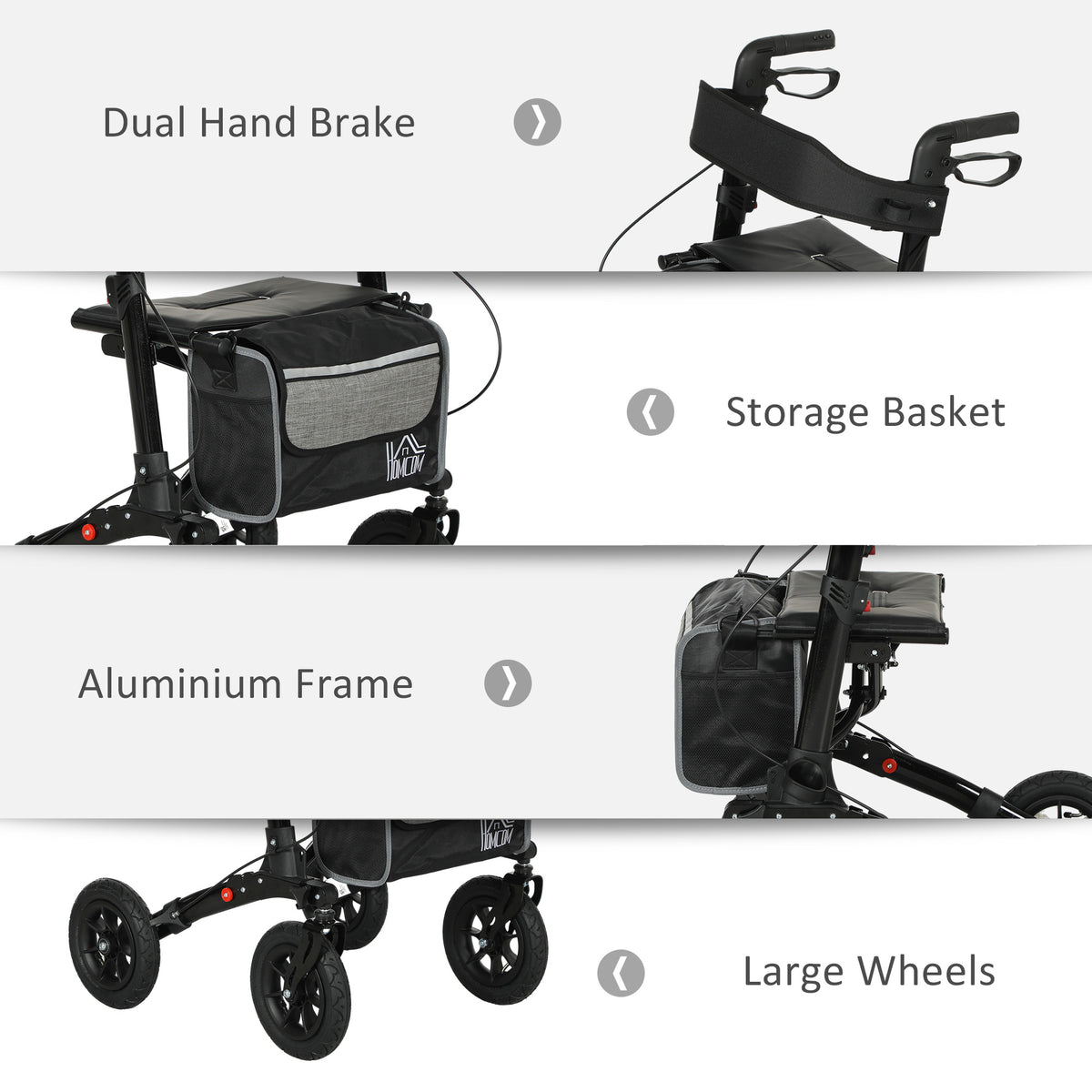 HOMCOM rollator walker details: hand brakes, storage bag, frame and large wheels
