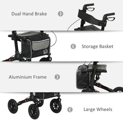 HOMCOM rollator walker details: hand brakes, storage bag, frame and large wheels