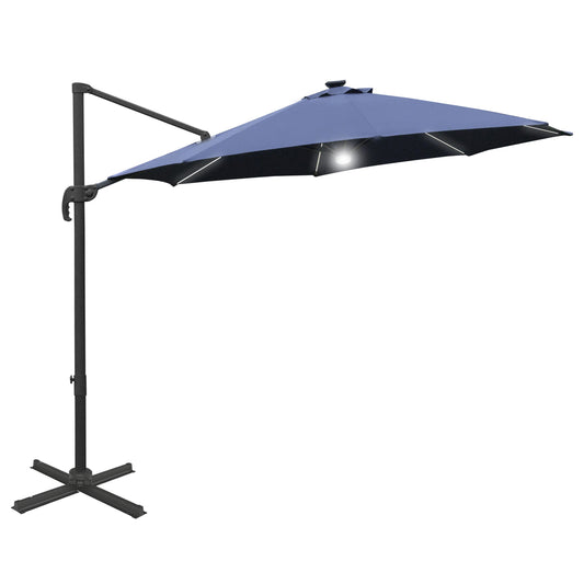 Photo of Outsunny 3(m) LED Cantilever Parasol Outdoor Sun Umbrella w/ Base Solar Lights Blue in Blue colour on a white background