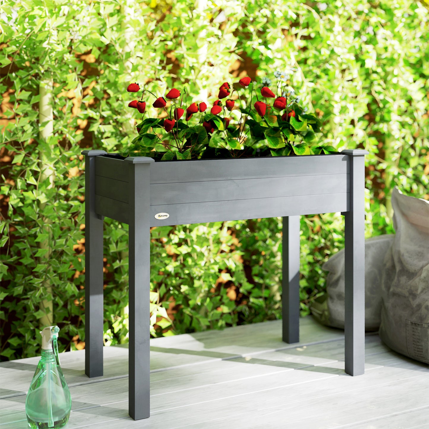 Outsunny Raised Bed for Garden, Wooden Elevated Planter Box with Bed Liner, for Flower Vegetable Herb, Dark Grey