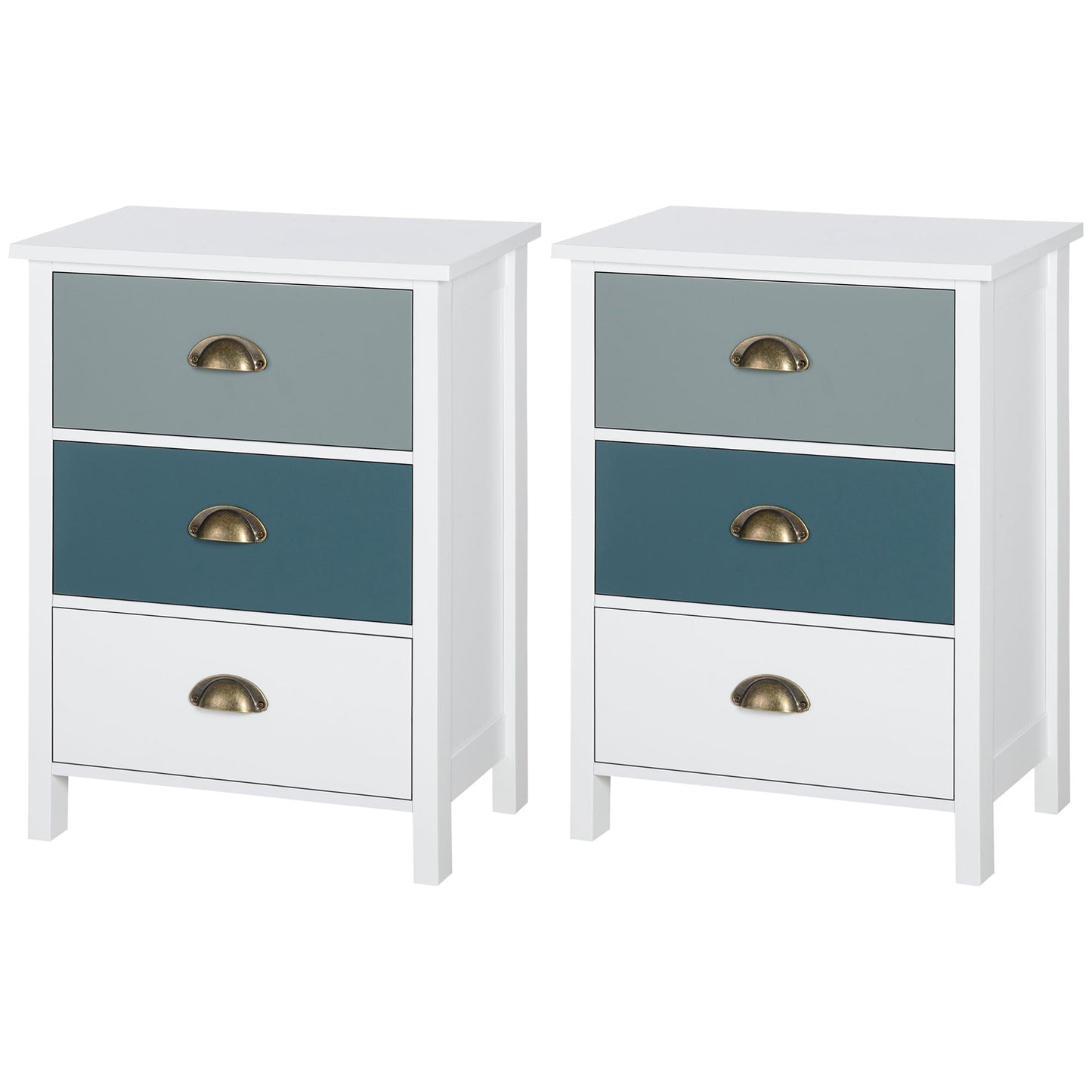 Photo of HOMCOM Bedside Table Set of 2 Chest of 3 Drawers Shabby Chic Nightstands with Metal Handle Sofa Side Table for Living Room, Bedroom,Grey and blue in blue colour on a white background