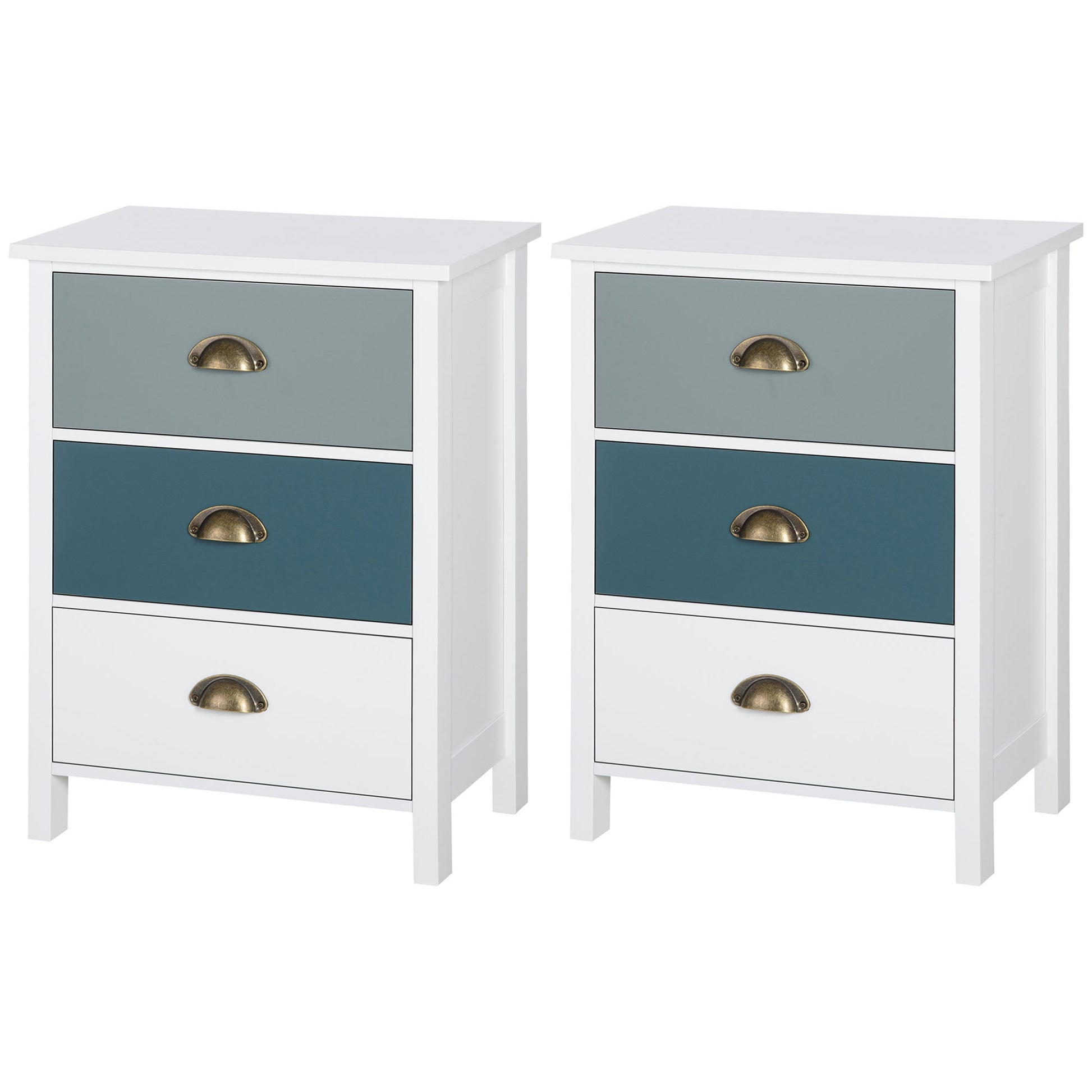 Photo of HOMCOM Bedside Table Set of 2 Chest of 3 Drawers Shabby Chic Nightstands with Metal Handle Sofa Side Table for Living Room, Bedroom,Grey and blue in blue colour on a white background