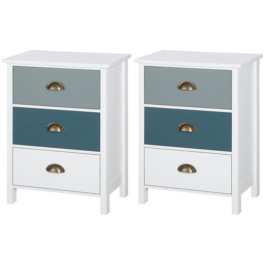 Photo of HOMCOM Bedside Table Set of 2 Chest of 3 Drawers Shabby Chic Nightstands with Metal Handle Sofa Side Table for Living Room, Bedroom,Grey and blue in blue colour on a white background
