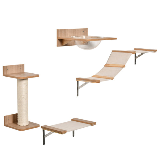 Photo of PawHut 4PCs Wall-mounted Cats Climbing Shelf Set Cat Tree Kitten Perch Activity Center with Hammock Scratching Post Jumping Platform Brown in Brown colour on a white background