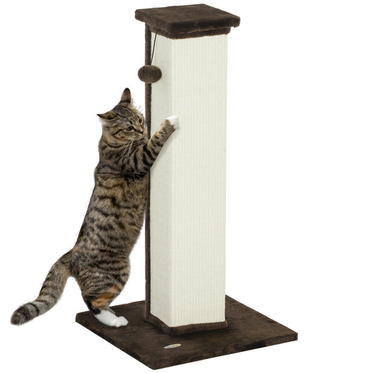 Photo of PawHut 81cm Cat Scratcher, Vertical Full Scratcher w/ Natural Sisal Rope, Hanging Ball, Soft Plush - Brown in Brown colour on a white background