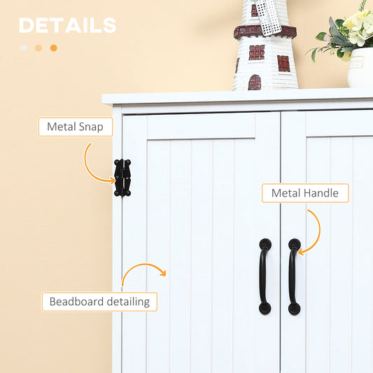 White storage cabinet with beadboard doors, black metal handles and decorative snap hinges.