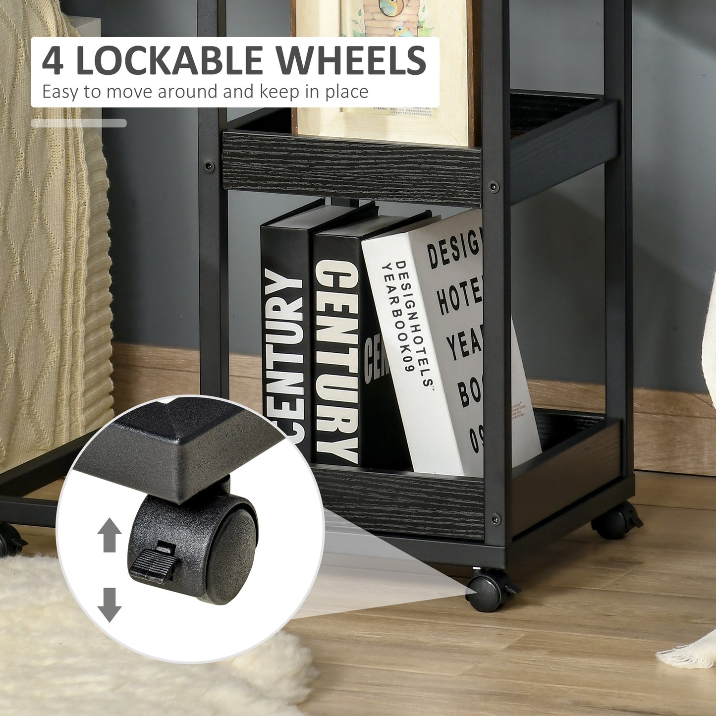 HOMCOM Mobile Sofa Side Table Set of 2, Industrial C-Shaped Rolling Table with 3-Tier Storage Shelving, Four Lockable Wheels Steel Frame, Dark Brown