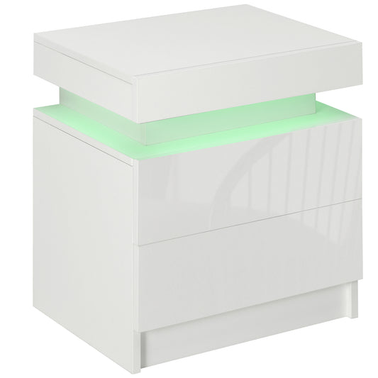 Photo of HOMCOM White Bedside Table with LED Light, High Gloss Front Nightstand with 2 Drawers, for Living Room, Bedroom in Bedroom colour on a white background
