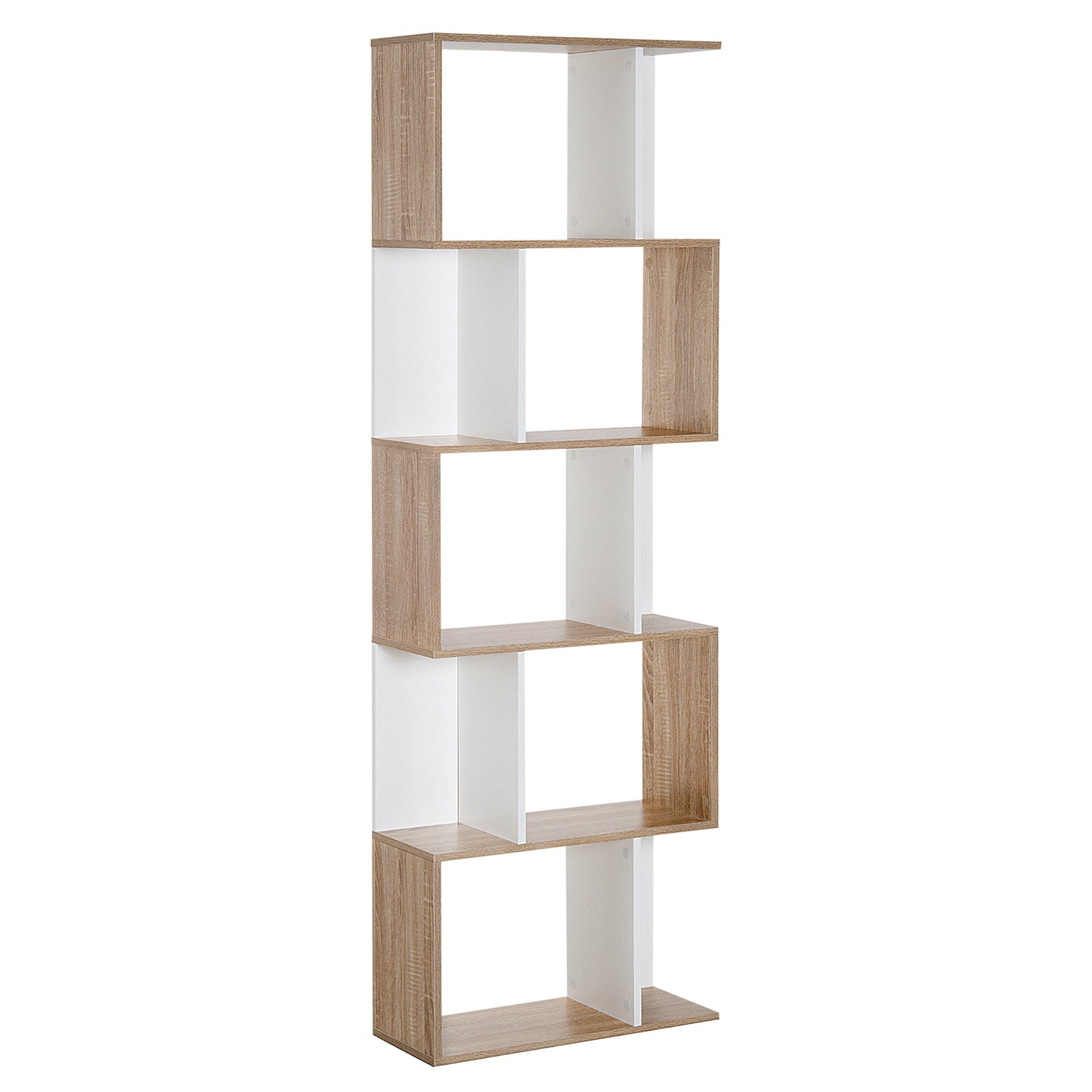 Photo of HOMCOM Bookcase, S-Shaped Wooden Bookshelf, 5/6 Tiers Freestanding Storage Shelf, Home Office Decorative Display Stand Rack, Oak and White, 24D x 60W x 184.5H in 184.5H colour on a white background