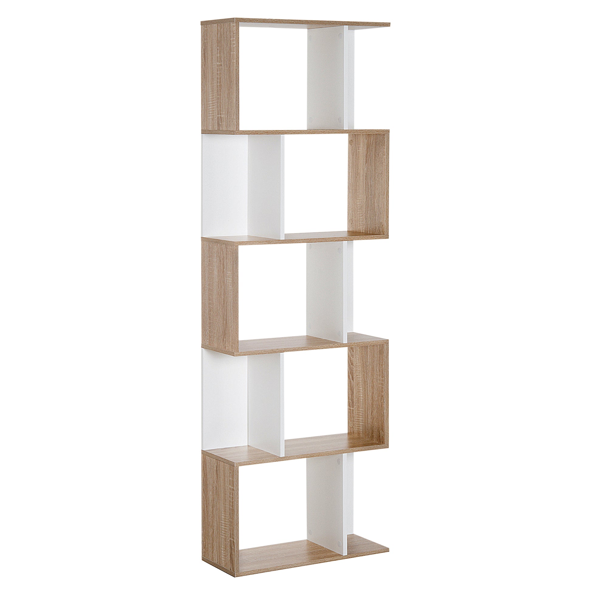 Photo of HOMCOM Bookcase, S-Shaped Wooden Bookshelf, 5/6 Tiers Freestanding Storage Shelf, Home Office Decorative Display Stand Rack, Oak and White, 24D x 60W x 184.5H in 184.5H colour on a white background