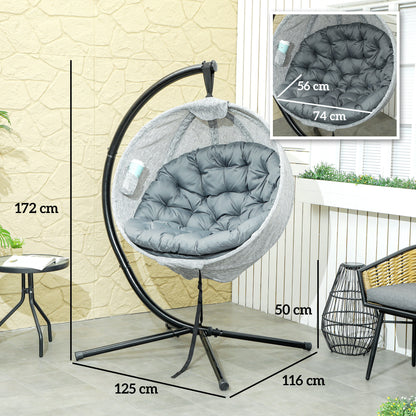 Outsunny hanging egg chair with cushioned basket and stand; dimensions shown