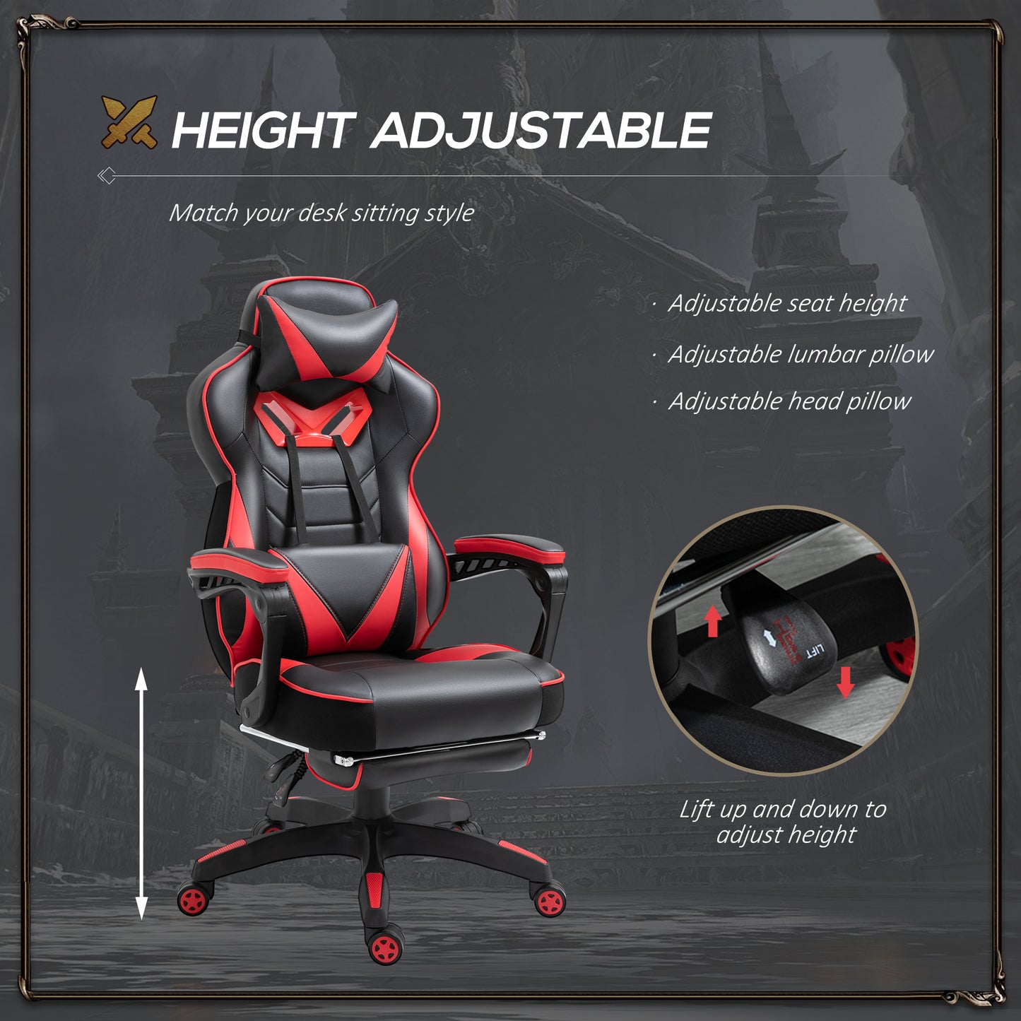 Vinsetto Computer Gaming Chair, Racing Desk Chair with Lumbar Support and Footrest, PU Leather Gamer Chair with Headrest and Swivel Wheels for Home, Red