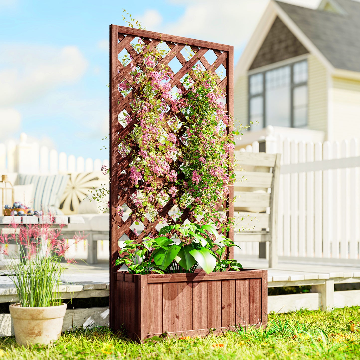Outsunny 72.5 x 31.5 x 149.5 cm 45L Garden Wooden Pine Trough Planter with Topped Trellis Climbing Plants Flower Raised Bed, Orange