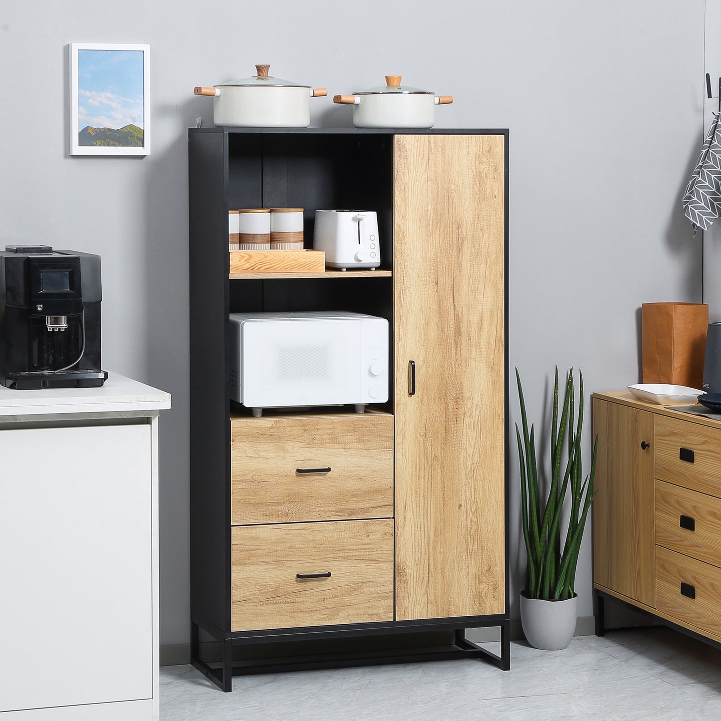 HOMCOM Tall Kitchen Cupboard, Freestanding Kitchen Pantry Cabinet with Adjustable Shelves, Drawers and Soft Close Door, 160cm