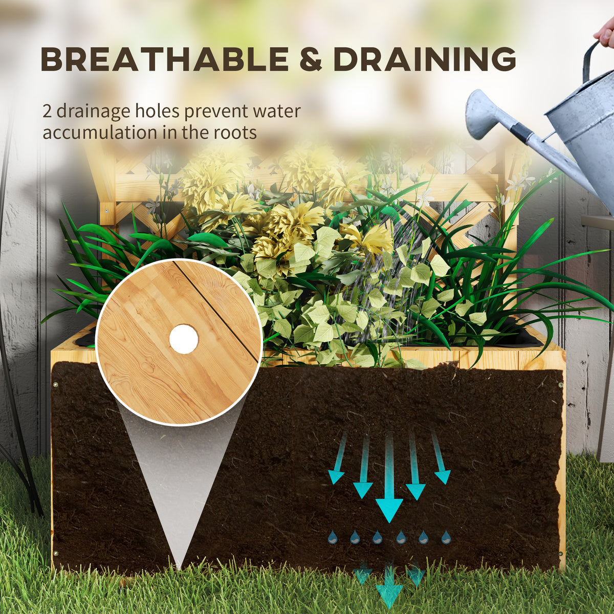 Wooden planter bed with drainage holes shown beneath the soil