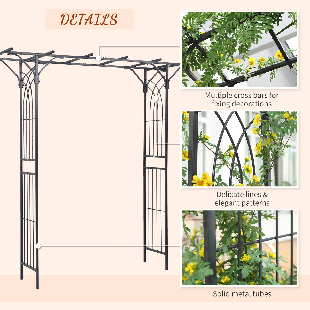 Metal garden trellis arch with decorative lines, crossbars, and sturdy tubing