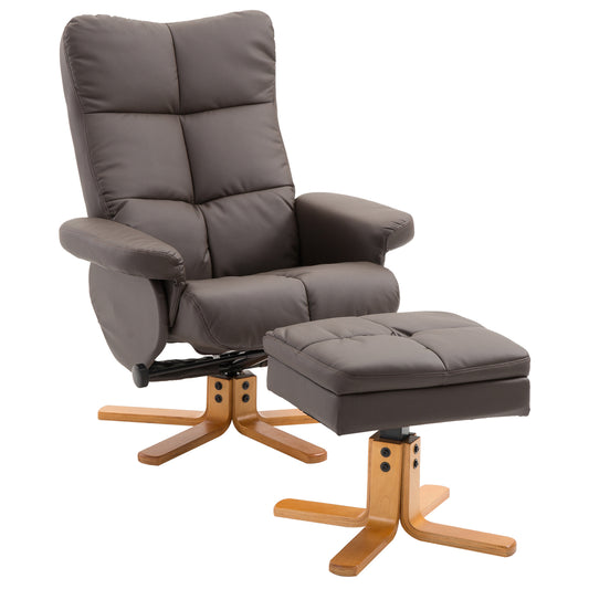 Photo of HOMCOM PU Leather Swivel Recliner Chair with Footstool, Wooden Base and Storage for Living Room, Brown in Brown colour on a white background