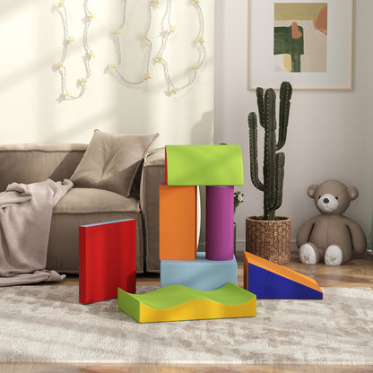 Colorful toddler foam play set assembled with blocks, a roller, and a wavy ramp