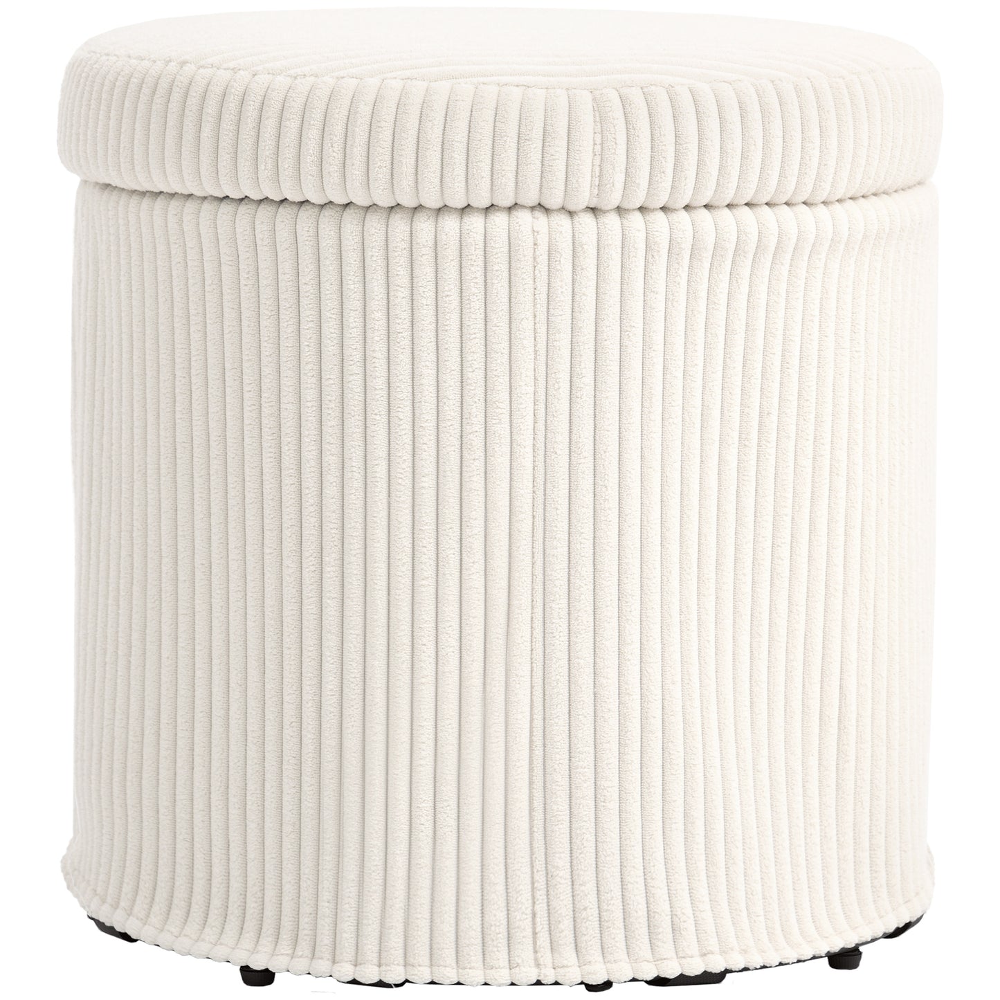 Photo of HOMCOM 40cm Round Storage Ottoman, Corduroy Footstool with Removable Lid and Legs, Vanity Stool for Living Room, Bedroom, Beige in Beige colour on a white background