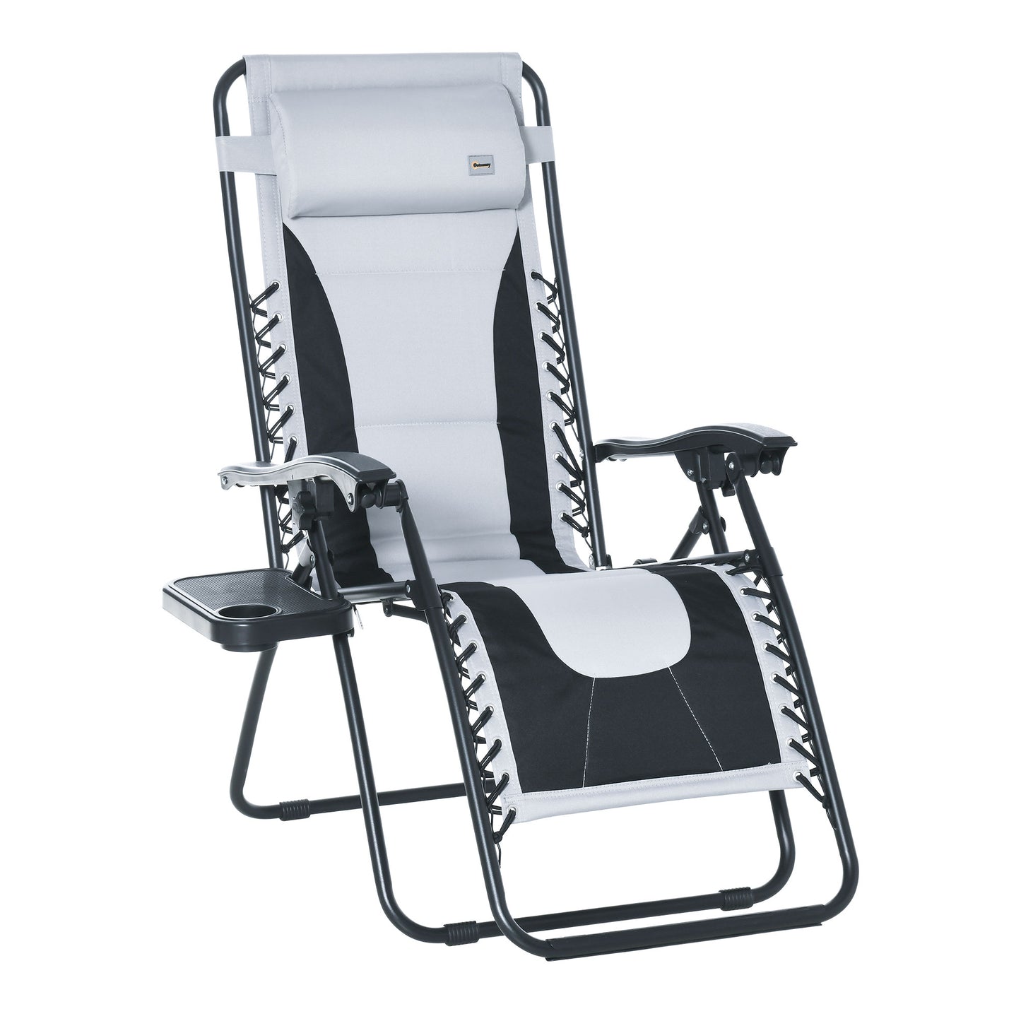 Photo of Outsunny Zero Gravity Lounger Chair, Folding Reclining Patio Chair with Padded Seat, Cup Holder, Soft Cushion and Headrest for Poolside, Camping, Light Grey in Grey colour on a white background