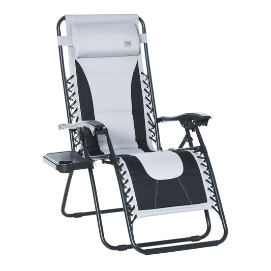 Photo of Outsunny Zero Gravity Lounger Chair, Folding Reclining Patio Chair with Padded Seat, Cup Holder, Soft Cushion and Headrest for Poolside, Camping, Light Grey in Grey colour on a white background
