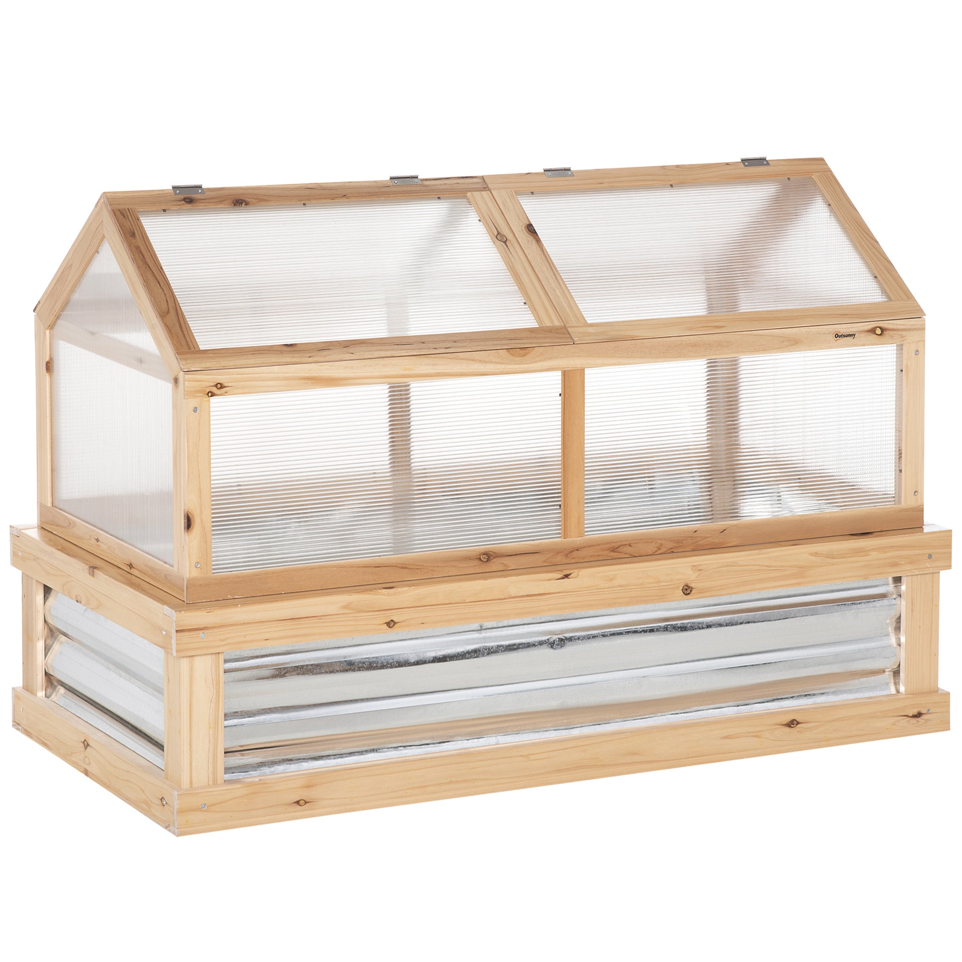 Photo of Outsunny Raised Garden Bed with Greenhouse Top, Garden Wooden Cold Frame Greenhouse Flower Planter Protection with 2 Independent Roofs, 122x 61 x 82cm, Natural in Natural colour on a white background