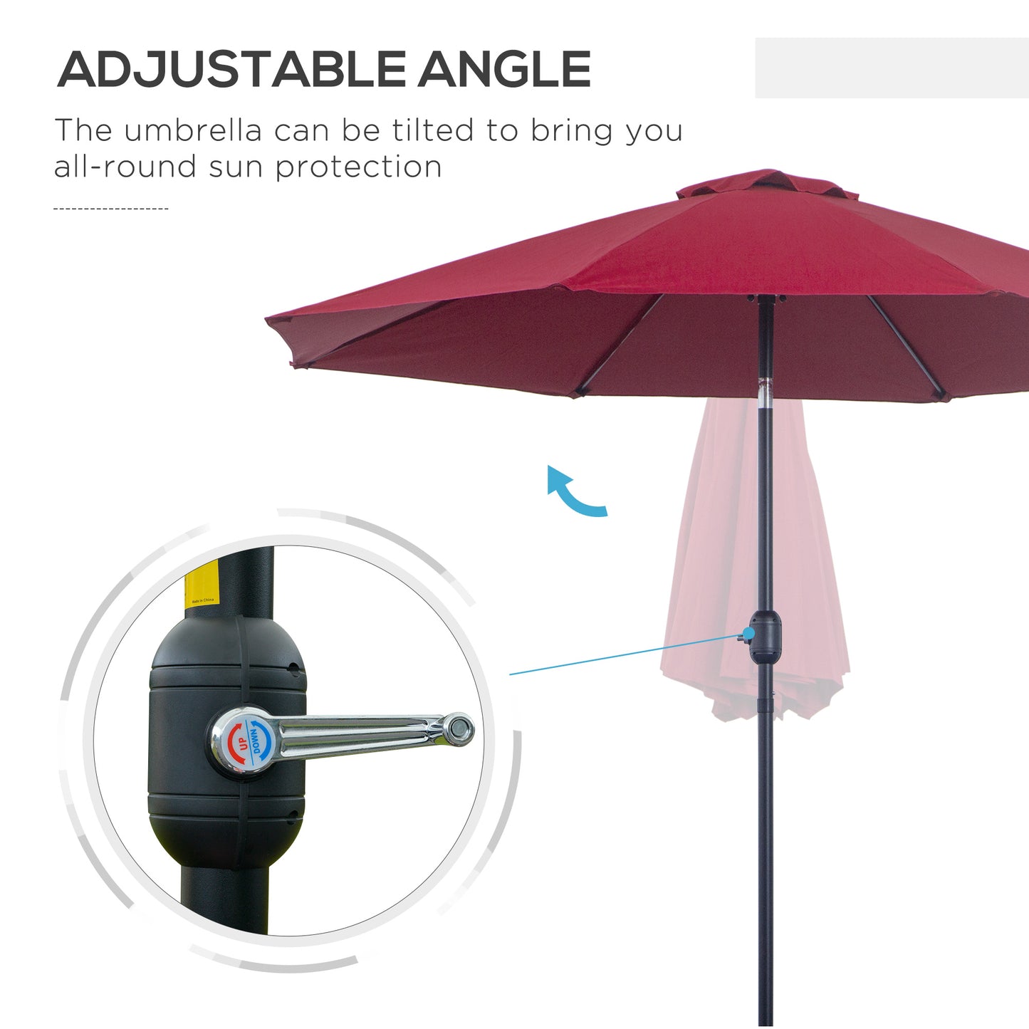 Outsunny 2.7M Garden Parasol Umbrella with Glass Fibre Ribs and Aluminium Frame, Tilting Sun Shade Shelter Canopy, Wine Red