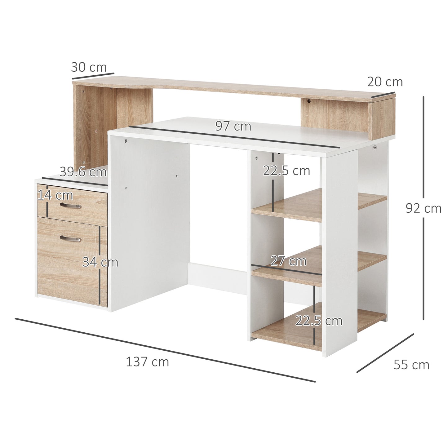 HOMCOM Computer Desk with Drawers and Storage Shelves, Office Desk Writing Table with Printer Stand, Large Workstation for Study Play Work Home Office, 137 x 55 x 92cm, Oak