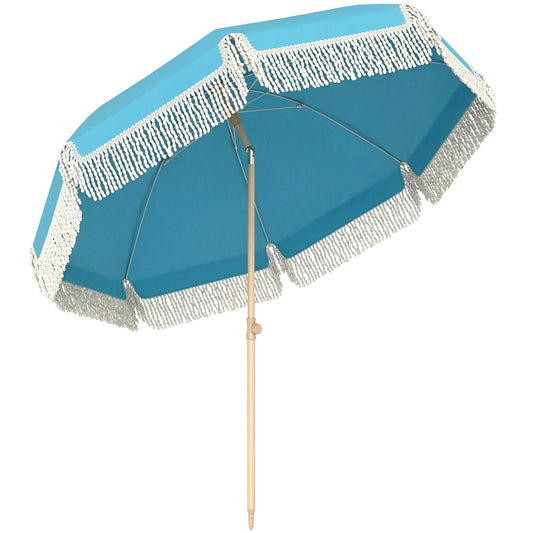 Photo of Outsunny 1.7 m Beach Umbrella with Sand Anchor, 30° Tilting Fringed Beach Garden Parasol with Adjustable Height, Grey in Grey colour on a white background