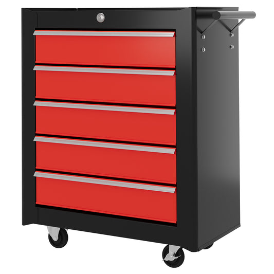 Photo of HOMCOM 5-Drawer Tool Chest with Wheels, Steel Lockable Tool Storage Cabinet with Handle, 2 Keys for Garage, Workshop, Red in Red colour on a white background