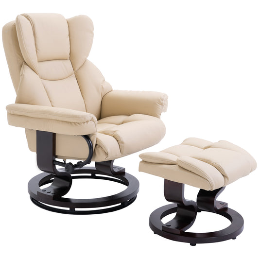 Photo of HOMCOM 360° Swivel Recliner Chair with Footstool, PU Leather Manual Recliner Armchair with Footstool, Solid Wood Base, Upholstered Reclining Chair for Living Room, Bedroom, Office, Cream in Cream colour on a white background