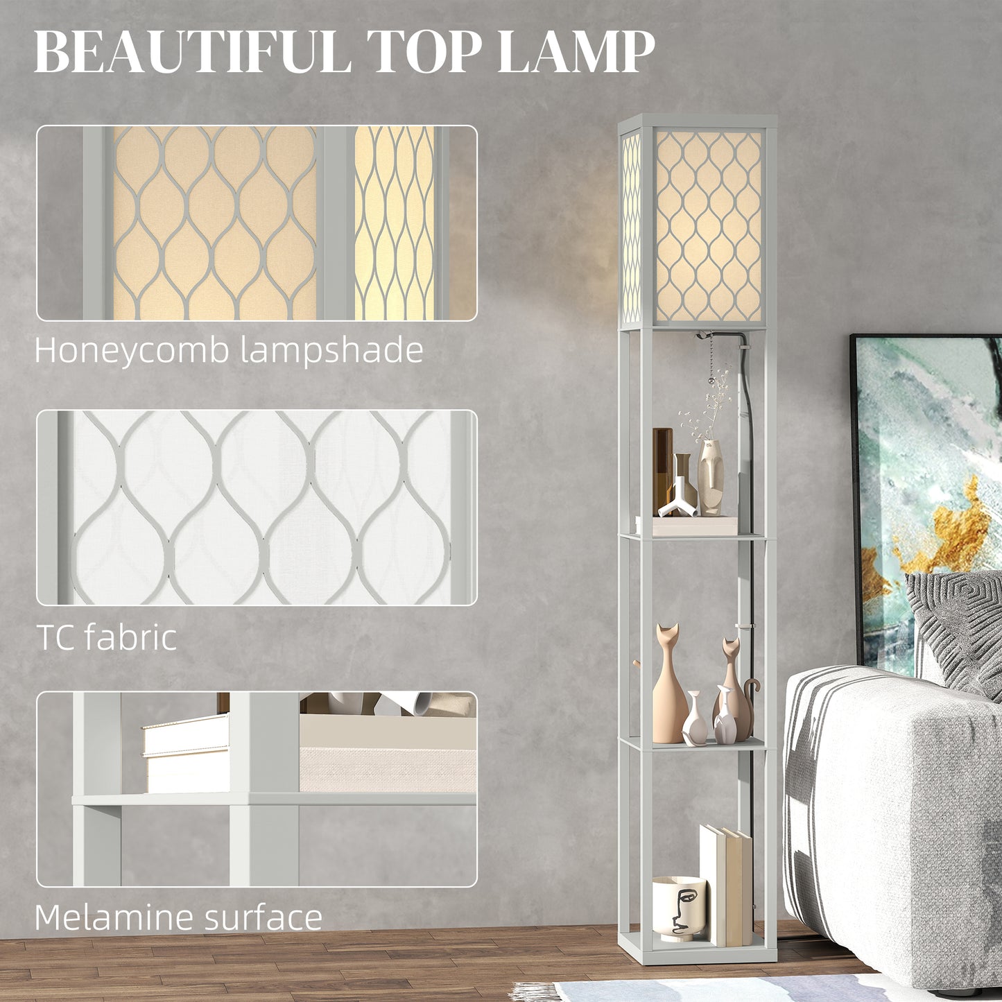HOMCOM Three-Shelf Standing Lamp - Grey/White