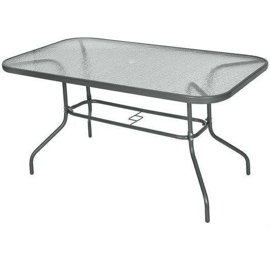 Photo of Outsunny Garden Dining Table Glass Top Metal Frame with Parasol Hole Outdoor Balcony Grey 140L x 80Wcm in 80Wcm colour on a white background