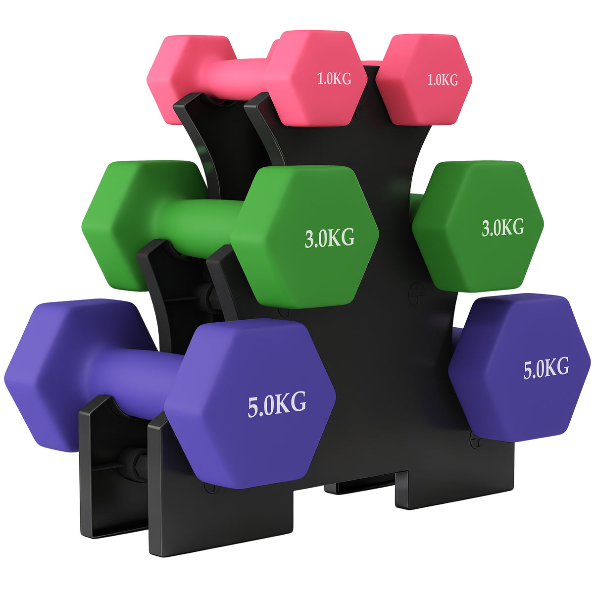 Photo of SPORTNOW Hex Dumbbells Set with Dumbbell Rack, Hand Weights for Strength Training Weight Lifting, 2 x 1kg, 2 x 3kg, 2 x 5kg in 5kg colour on a white background