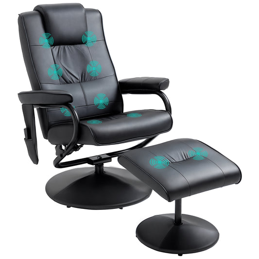 Photo of HOMCOM Swivel Recliner Chair and Footstool, Faux Leather Massage Recliner Armchair with Remote Control and Round Wrapped Base, Black in Black colour on a white background