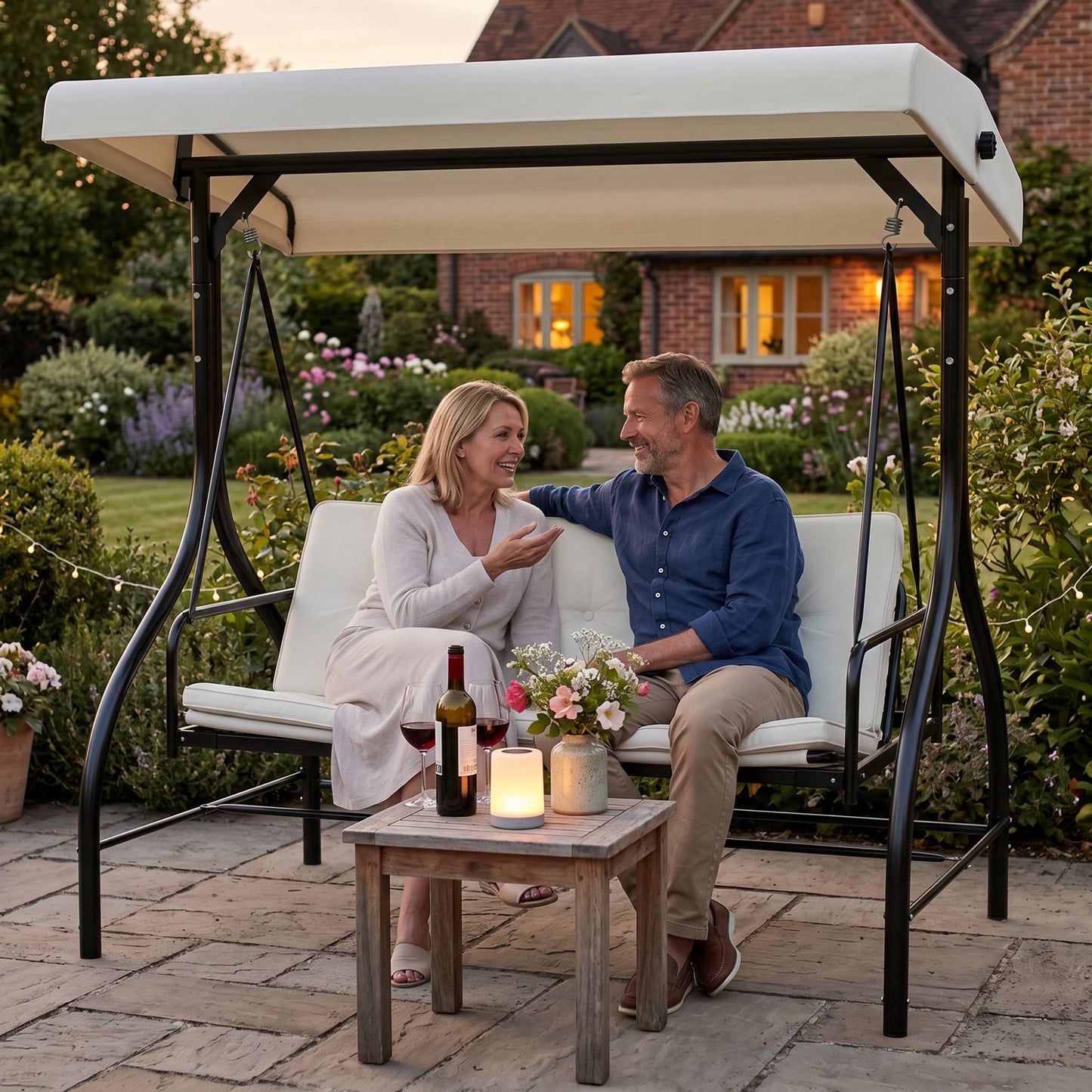 Outsunny 3 Seater Canopy Swing Chair, 2 in 1 Garden Swing Seat Bed, with Adjustable Canopy and Metal Frame, Cream White