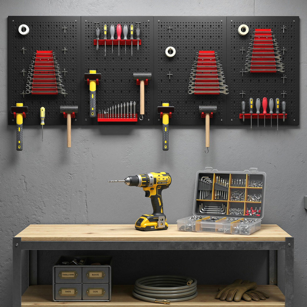 HOMCOM 38 Pcs Wall-Mounted Pegboard with 4 Boards, Garage Tool Storage Unit Black and Red