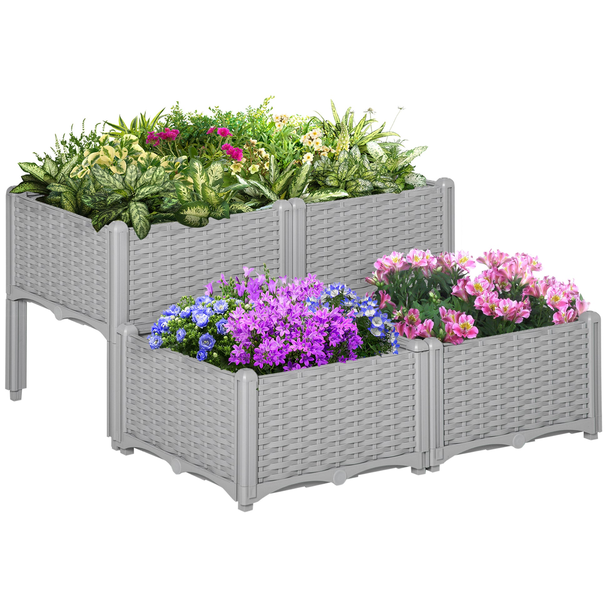 Photo of Outsunny Set of 4 26L Garden Raised Bed Elevated Patio Flower Plant Planter Box PP Vegetables Planting Container, Grey in Grey colour on a white background